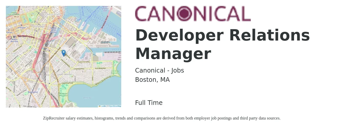 Canonical - Jobs job posting for a Developer Relations Manager in Boston, MA with a salary of $75,000 to $163,000 Yearly with a map of Boston location.