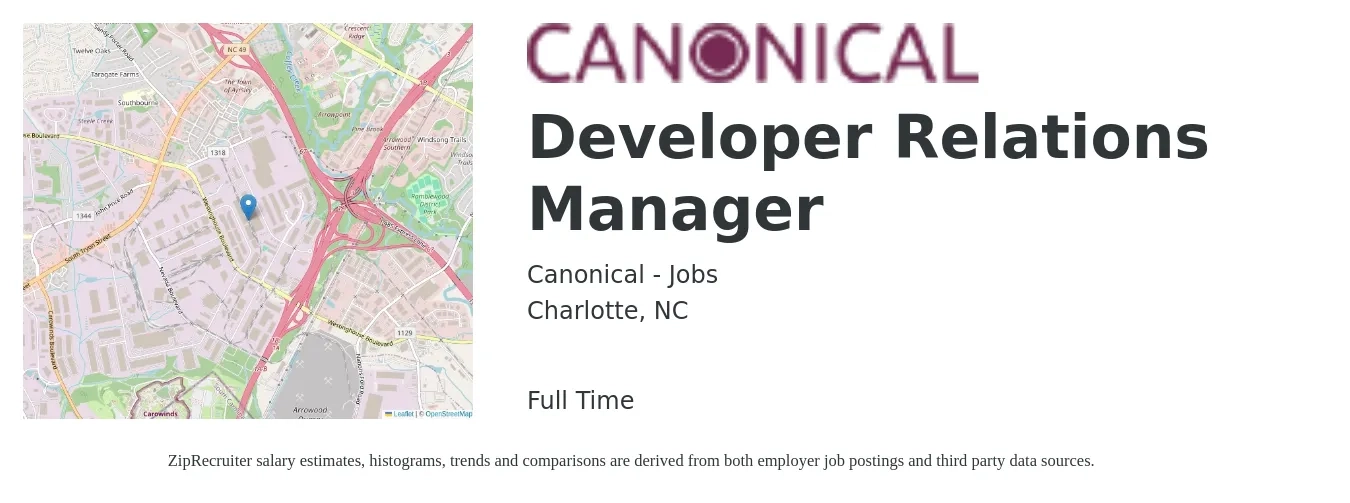 Canonical - Jobs job posting for a Developer Relations Manager in Charlotte, NC with a salary of $67,400 to $146,500 Yearly with a map of Charlotte location.