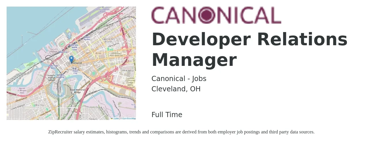 Canonical - Jobs job posting for a Developer Relations Manager in Cleveland, OH with a salary of $66,900 to $145,500 Yearly with a map of Cleveland location.