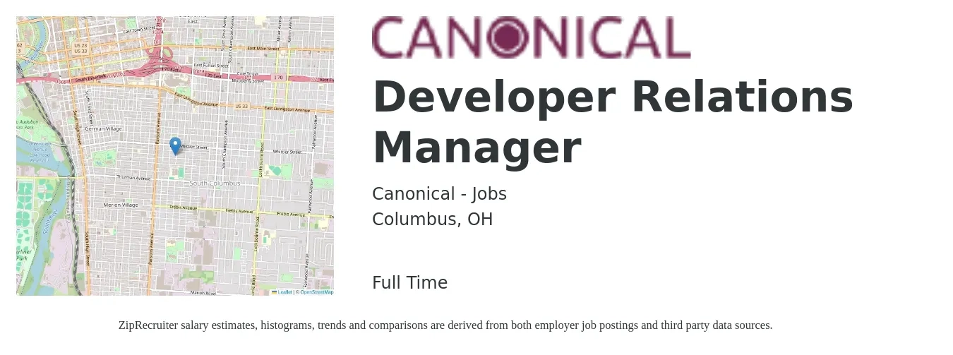 Canonical - Jobs job posting for a Developer Relations Manager in Columbus, OH with a salary of $66,600 to $144,900 Yearly with a map of Columbus location.