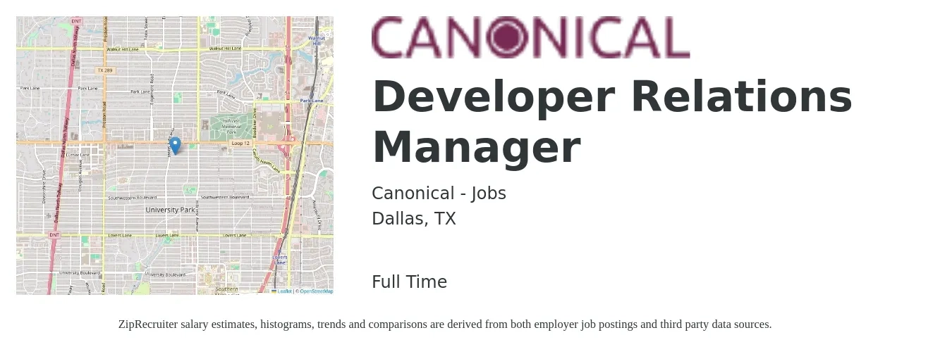Canonical - Jobs job posting for a Developer Relations Manager in Dallas, TX with a salary of $68,300 to $148,400 Yearly with a map of Dallas location.