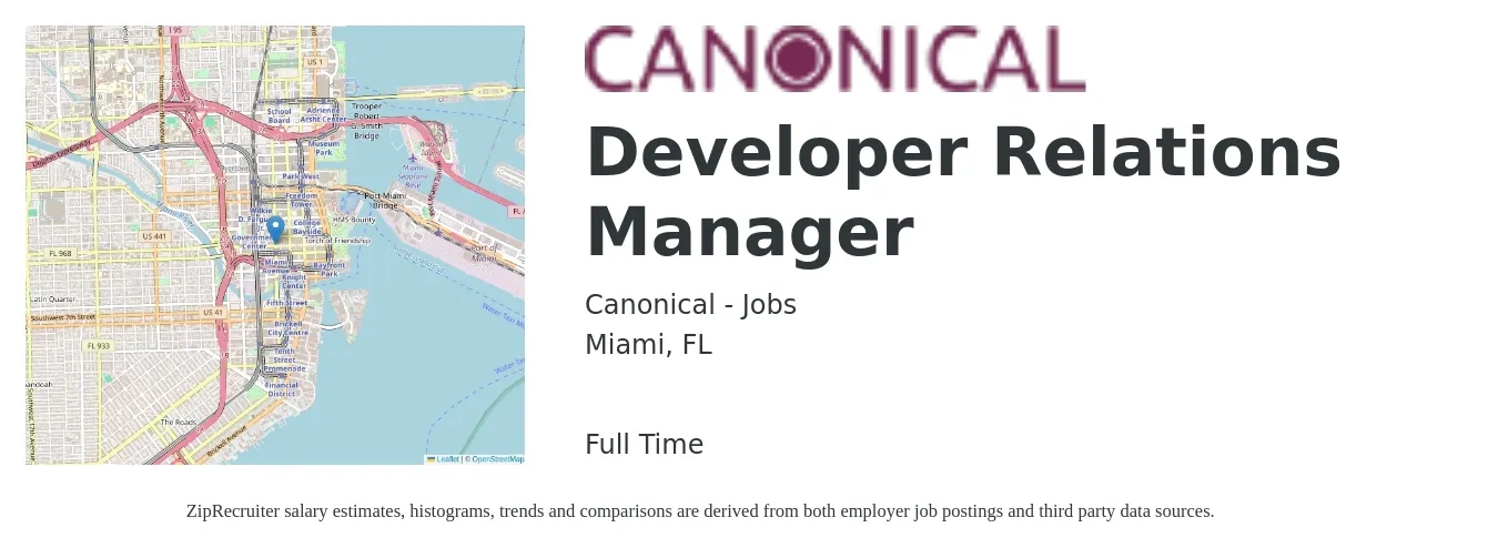 Canonical - Jobs job posting for a Developer Relations Manager in Miami, FL with a salary of $66,000 to $143,500 Yearly with a map of Miami location.