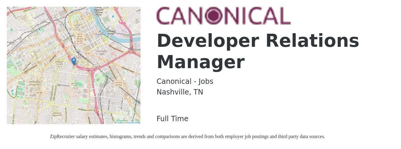 Canonical - Jobs job posting for a Developer Relations Manager in Nashville, TN with a salary of $66,600 to $144,900 Yearly with a map of Nashville location.