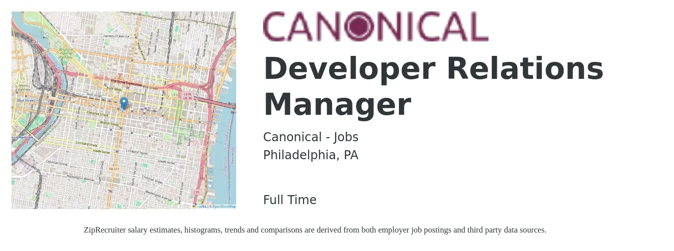 Canonical - Jobs job posting for a Developer Relations Manager in Philadelphia, PA with a salary of $69,600 to $151,400 Yearly with a map of Philadelphia location.