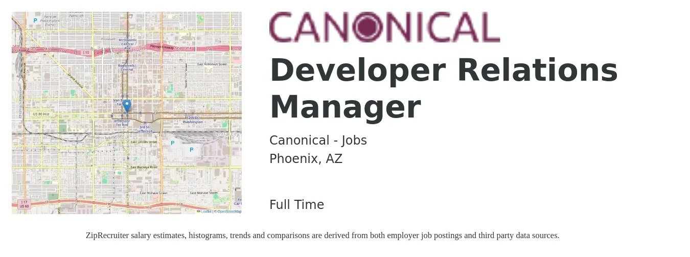 Canonical - Jobs job posting for a Developer Relations Manager in Phoenix, AZ with a salary of $68,500 to $148,900 Yearly with a map of Phoenix location.