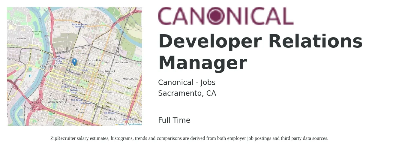 Canonical - Jobs job posting for a Developer Relations Manager in Sacramento, CA with a salary of $73,600 to $159,900 Yearly with a map of Sacramento location.
