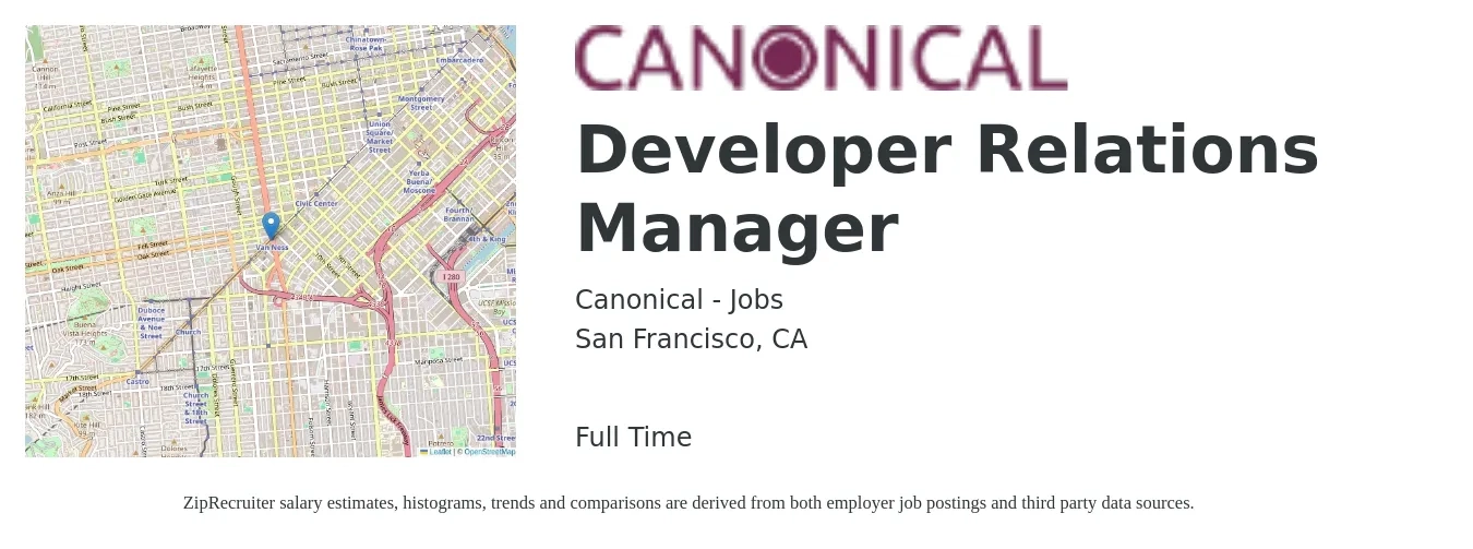 Canonical - Jobs job posting for a Developer Relations Manager in San Francisco, CA with a salary of $81,300 to $176,700 Yearly with a map of San Francisco location.