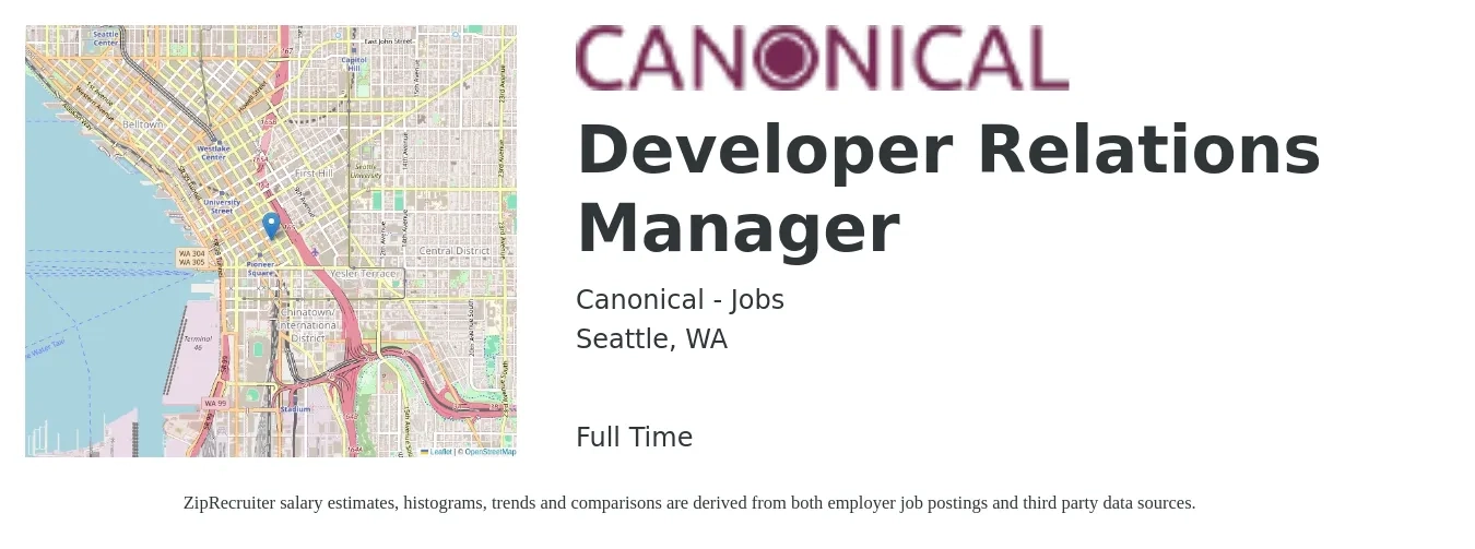 Canonical - Jobs job posting for a Developer Relations Manager in Seattle, WA with a salary of $78,500 to $170,700 Yearly with a map of Seattle location.