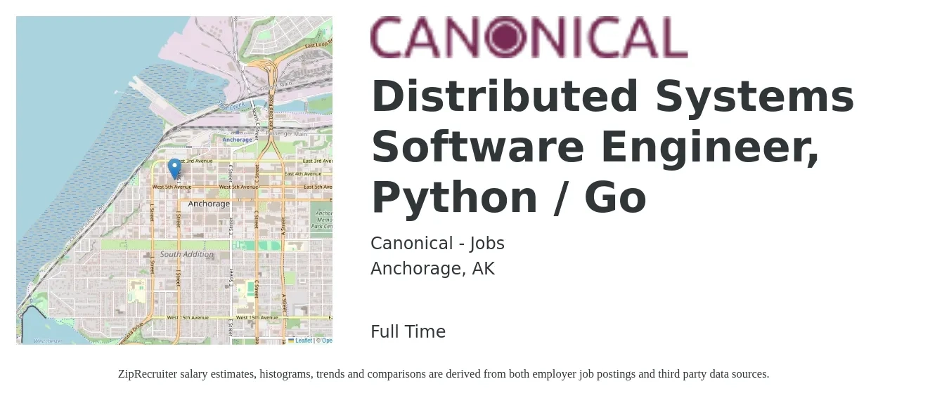 Canonical - Jobs job posting for a Distributed Systems Software Engineer, Python / Go in Anchorage, AK with a salary of $112,900 to $168,100 Yearly with a map of Anchorage location.