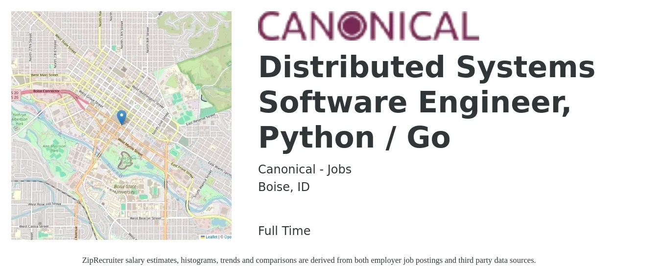 Canonical - Jobs job posting for a Distributed Systems Software Engineer, Python / Go in Boise, ID with a salary of $105,200 to $156,600 Yearly with a map of Boise location.