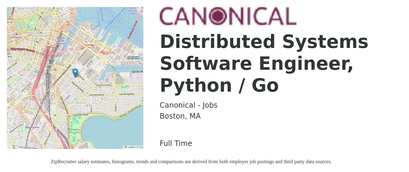 Canonical - Jobs job posting for a Distributed Systems Software Engineer, Python / Go in Boston, MA with a salary of $120,000 to $178,700 Yearly with a map of Boston location.