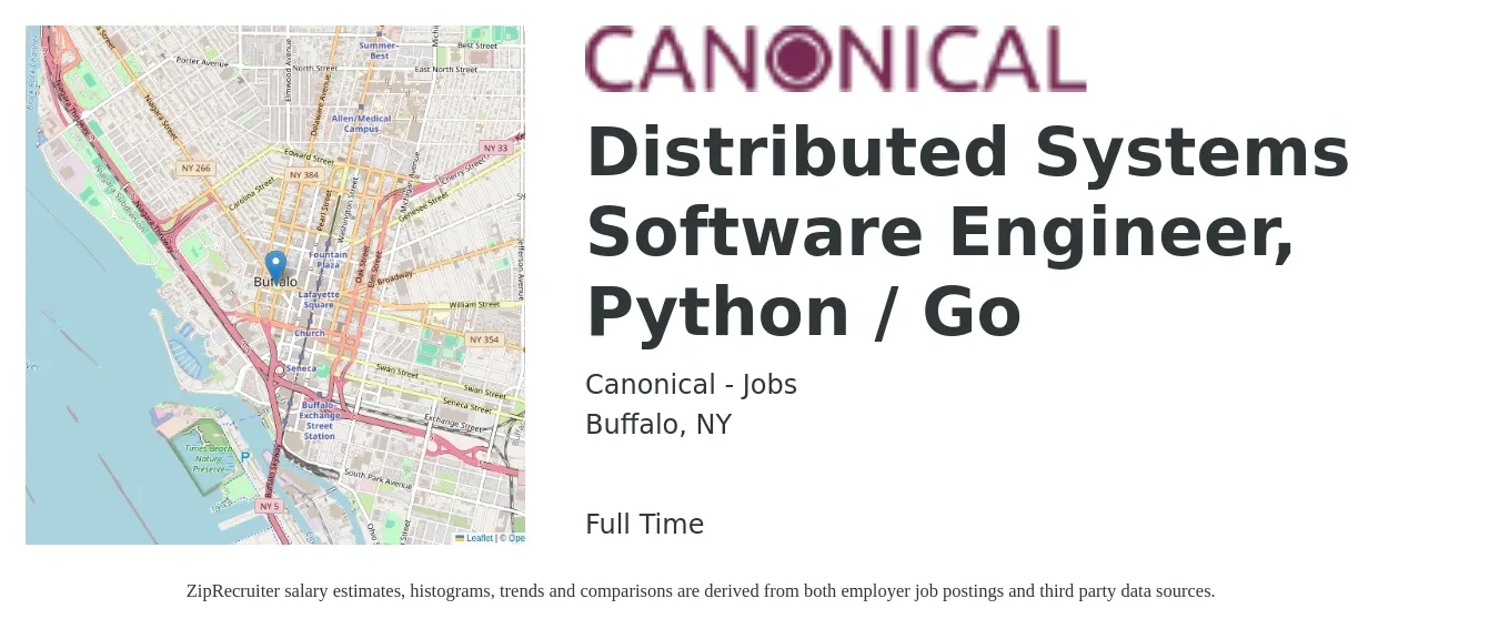 Canonical - Jobs job posting for a Distributed Systems Software Engineer, Python / Go in Buffalo, NY with a salary of $107,000 to $159,300 Yearly with a map of Buffalo location.