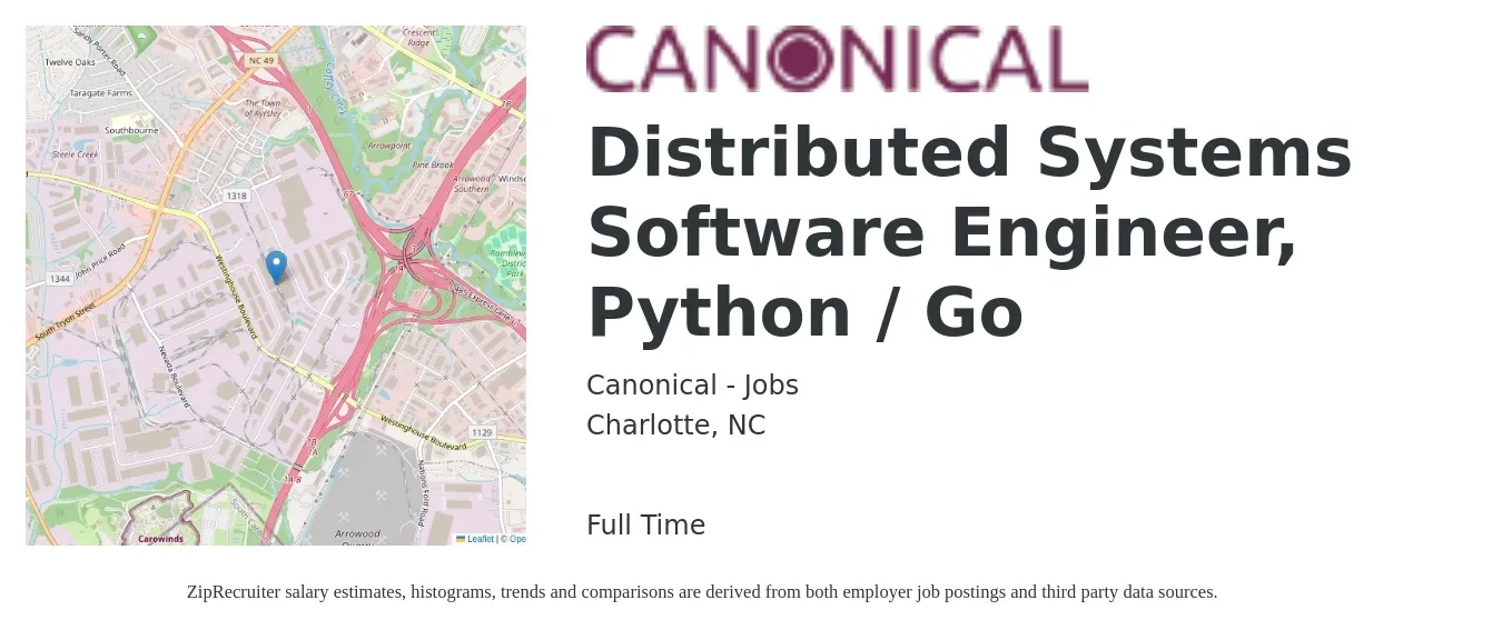 Canonical - Jobs job posting for a Distributed Systems Software Engineer, Python / Go in Charlotte, NC with a salary of $107,900 to $160,700 Yearly with a map of Charlotte location.