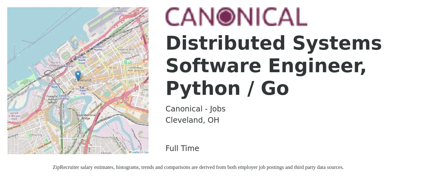 Canonical - Jobs job posting for a Distributed Systems Software Engineer, Python / Go in Cleveland, OH with a salary of $107,200 to $159,500 Yearly with a map of Cleveland location.