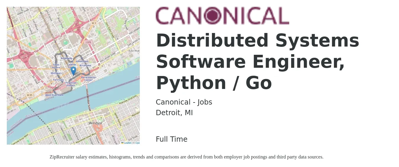Canonical - Jobs job posting for a Distributed Systems Software Engineer, Python / Go in Detroit, MI with a salary of $109,400 to $162,800 Yearly with a map of Detroit location.