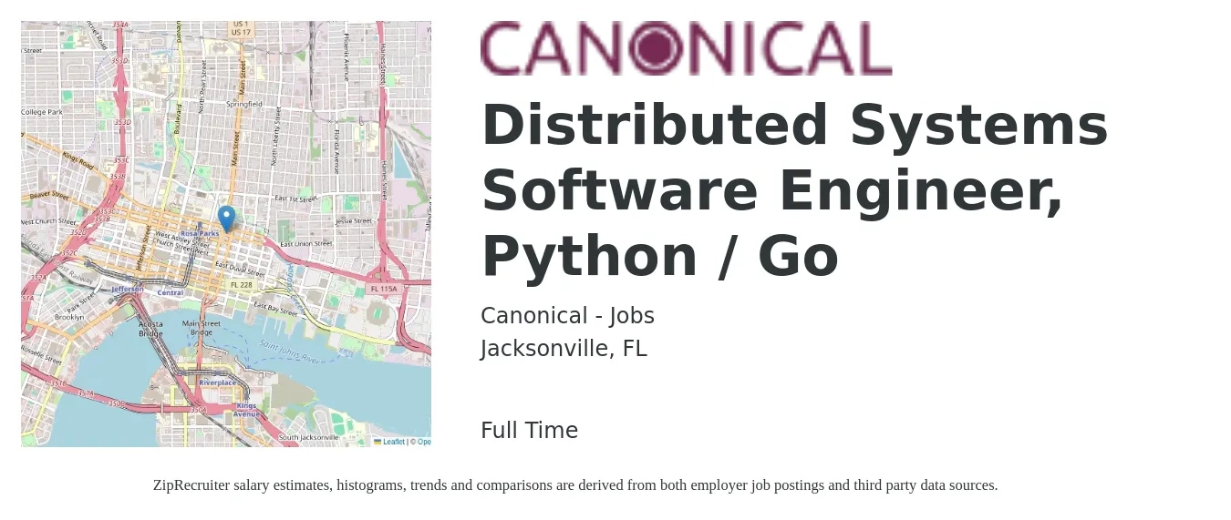 Canonical - Jobs job posting for a Distributed Systems Software Engineer, Python / Go in Jacksonville, FL with a salary of $102,400 to $152,400 Yearly with a map of Jacksonville location.