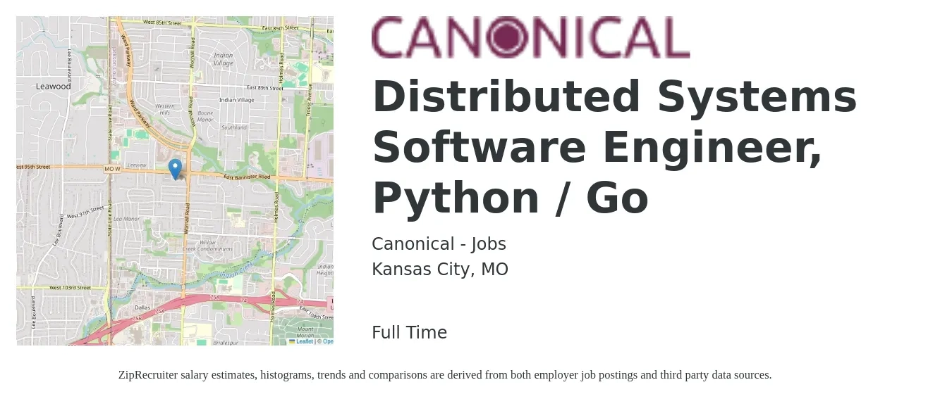 Canonical - Jobs job posting for a Distributed Systems Software Engineer, Python / Go in Kansas City, MO with a salary of $107,800 to $160,500 Yearly with a map of Kansas City location.