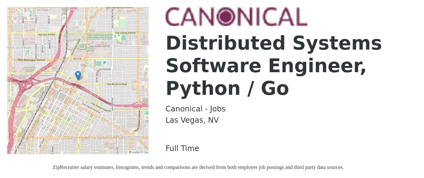 Canonical - Jobs job posting for a Distributed Systems Software Engineer, Python / Go in Las Vegas, NV with a salary of $105,500 to $157,100 Yearly with a map of Las Vegas location.