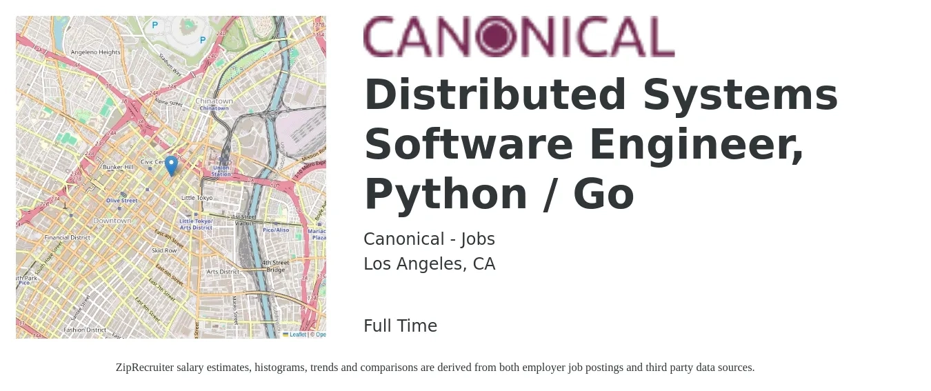 Canonical - Jobs job posting for a Distributed Systems Software Engineer, Python / Go in Los Angeles, CA with a salary of $119,100 to $177,200 Yearly with a map of Los Angeles location.
