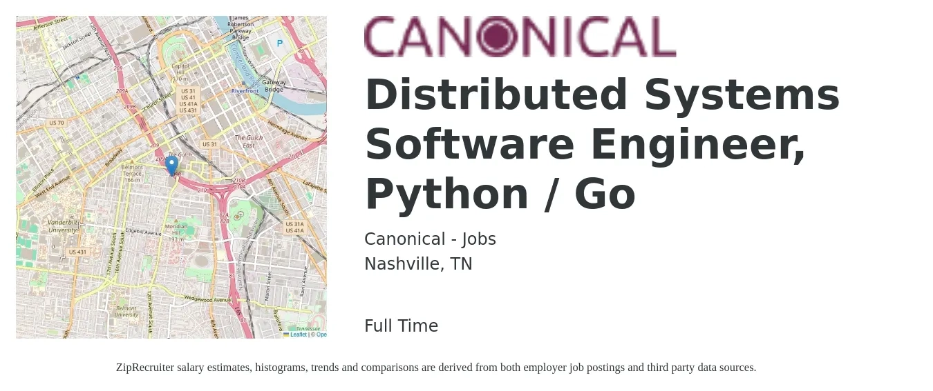 Canonical - Jobs job posting for a Distributed Systems Software Engineer, Python / Go in Nashville, TN with a salary of $106,700 to $158,900 Yearly with a map of Nashville location.
