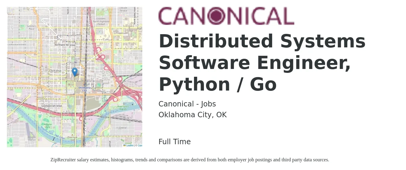 Canonical - Jobs job posting for a Distributed Systems Software Engineer, Python / Go in Oklahoma City, OK with a salary of $102,600 to $152,800 Yearly with a map of Oklahoma City location.