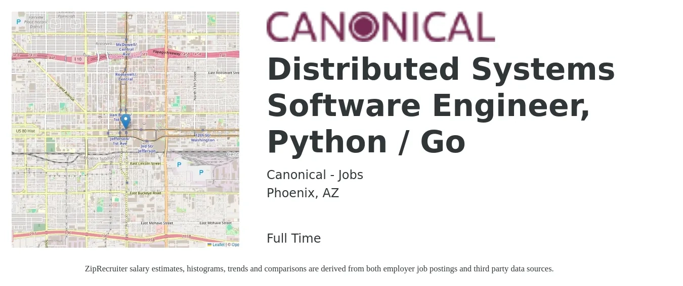 Canonical - Jobs job posting for a Distributed Systems Software Engineer, Python / Go in Phoenix, AZ with a salary of $109,700 to $163,300 Yearly with a map of Phoenix location.