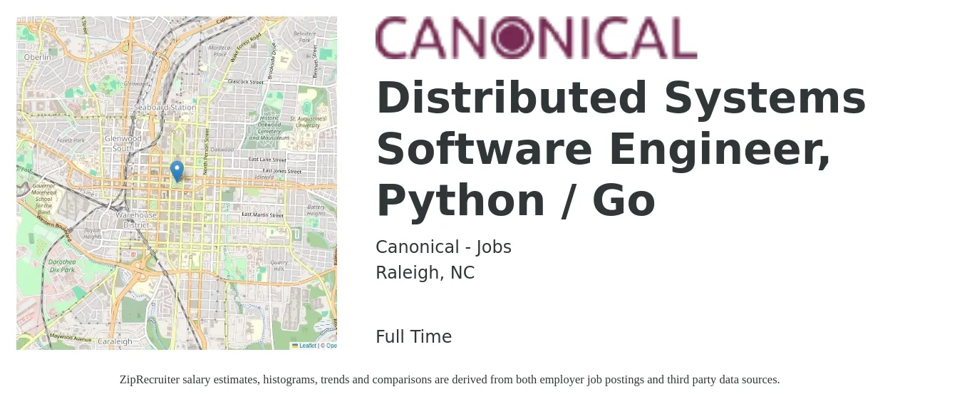 Canonical - Jobs job posting for a Distributed Systems Software Engineer, Python / Go in Raleigh, NC with a salary of $107,400 to $159,900 Yearly with a map of Raleigh location.