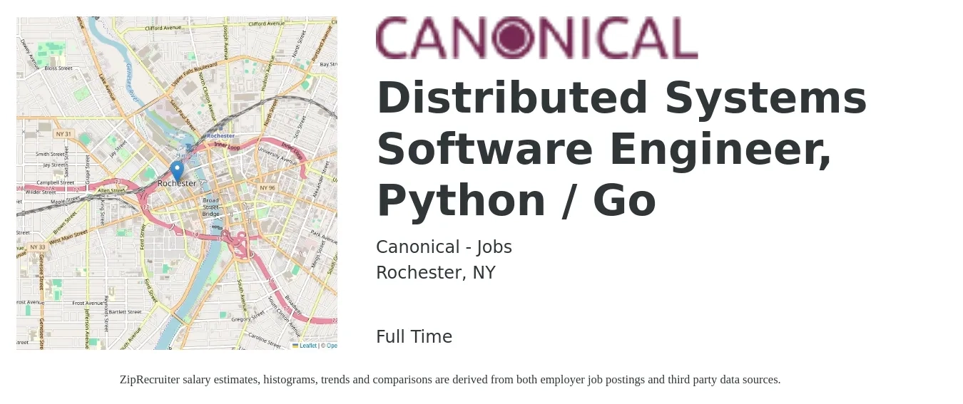 Canonical - Jobs job posting for a Distributed Systems Software Engineer, Python / Go in Rochester, NY with a salary of $109,000 to $162,300 Yearly with a map of Rochester location.