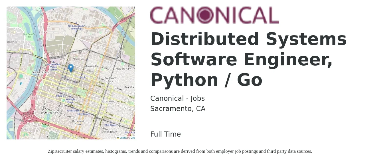 Canonical - Jobs job posting for a Distributed Systems Software Engineer, Python / Go in Sacramento, CA with a salary of $117,800 to $175,400 Yearly with a map of Sacramento location.