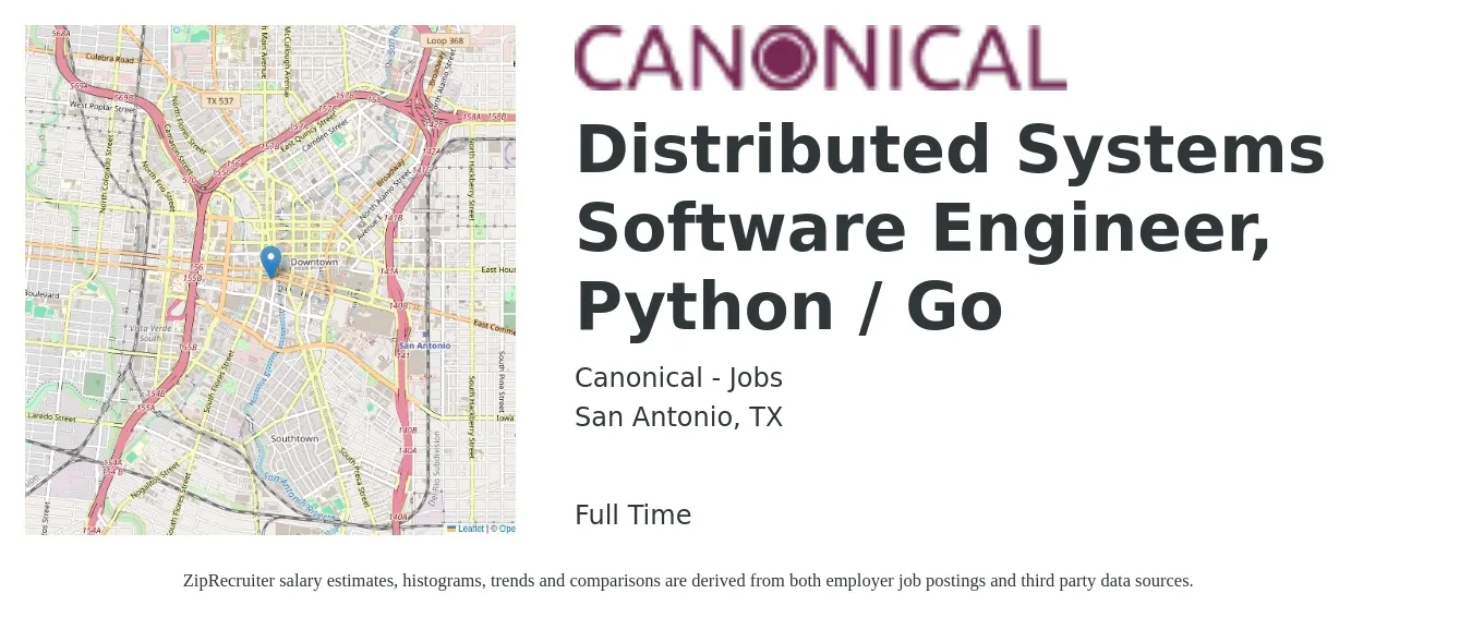 Canonical - Jobs job posting for a Distributed Systems Software Engineer, Python / Go in San Antonio, TX with a salary of $99,700 to $148,400 Yearly with a map of San Antonio location.
