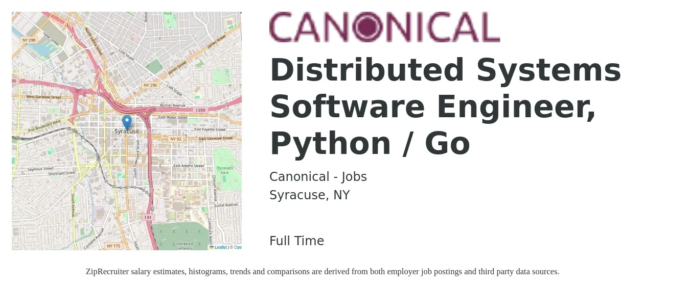 Canonical - Jobs job posting for a Distributed Systems Software Engineer, Python / Go in Syracuse, NY with a salary of $109,200 to $162,500 Yearly with a map of Syracuse location.
