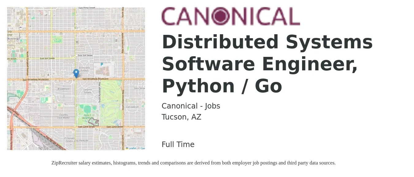Canonical - Jobs job posting for a Distributed Systems Software Engineer, Python / Go in Tucson, AZ with a salary of $104,500 to $155,500 Yearly with a map of Tucson location.