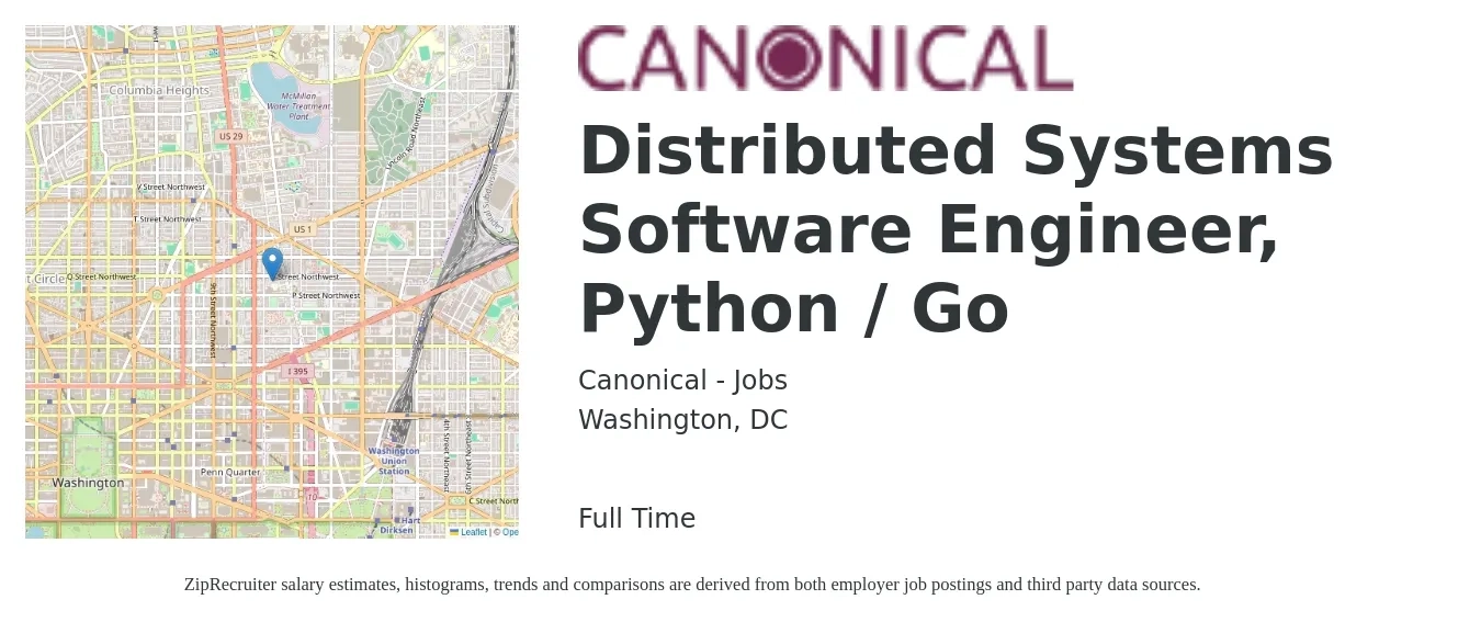 Canonical - Jobs job posting for a Distributed Systems Software Engineer, Python / Go in Washington, DC with a salary of $125,200 to $186,300 Yearly with a map of Washington location.