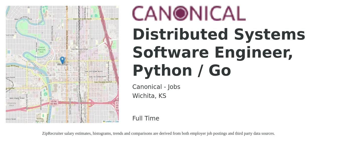 Canonical - Jobs job posting for a Distributed Systems Software Engineer, Python / Go in Wichita, KS with a salary of $98,900 to $147,200 Yearly with a map of Wichita location.