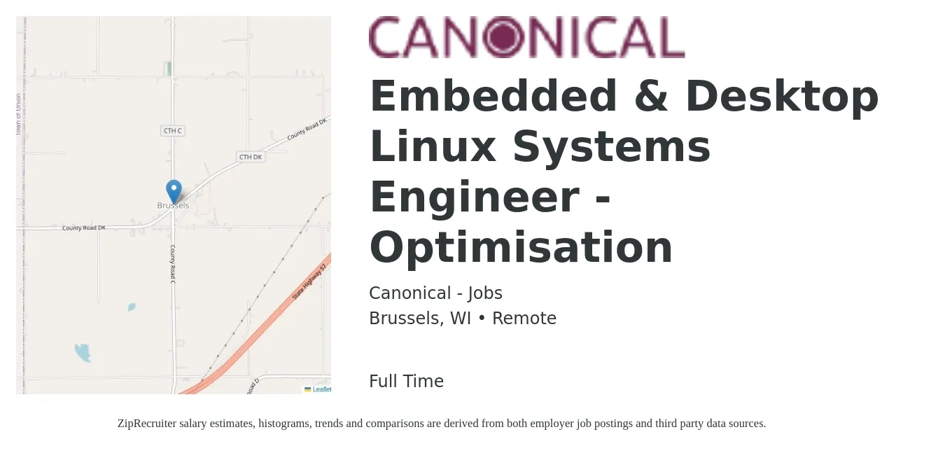 Canonical - Jobs job posting for a Embedded & Desktop Linux Systems Engineer - Optimisation in Brussels, WI with a salary of $106,400 to $156,700 Yearly with a map of Brussels location.