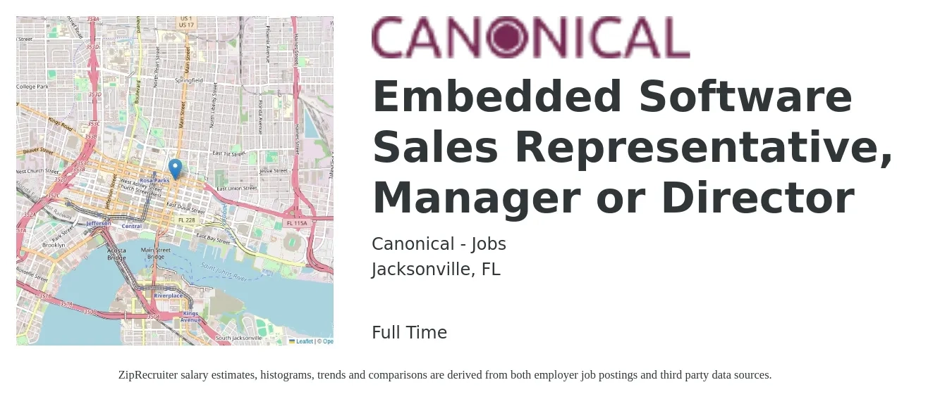 Canonical - Jobs job posting for a Embedded Software Sales Representative, Manager or Director in Jacksonville, FL with a map of Jacksonville location.