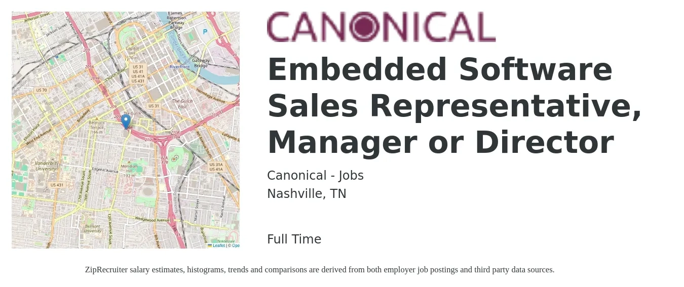 Canonical - Jobs job posting for a Embedded Software Sales Representative, Manager or Director in Nashville, TN with a map of Nashville location.