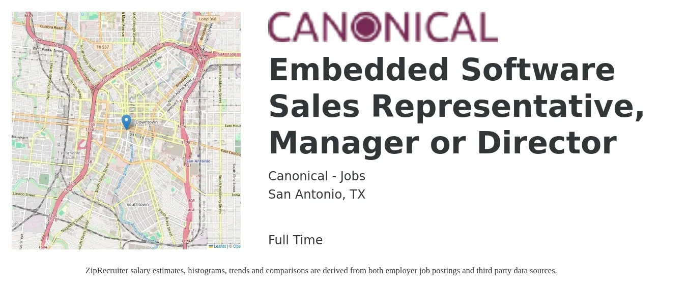 Canonical - Jobs job posting for a Embedded Software Sales Representative, Manager or Director in San Antonio, TX with a map of San Antonio location.