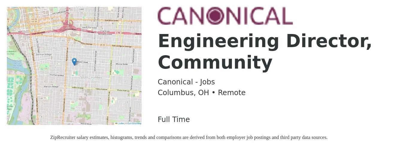 Canonical - Jobs job posting for a Engineering Director, Community in Columbus, OH with a salary of $136,700 to $244,400 Yearly with a map of Columbus location.