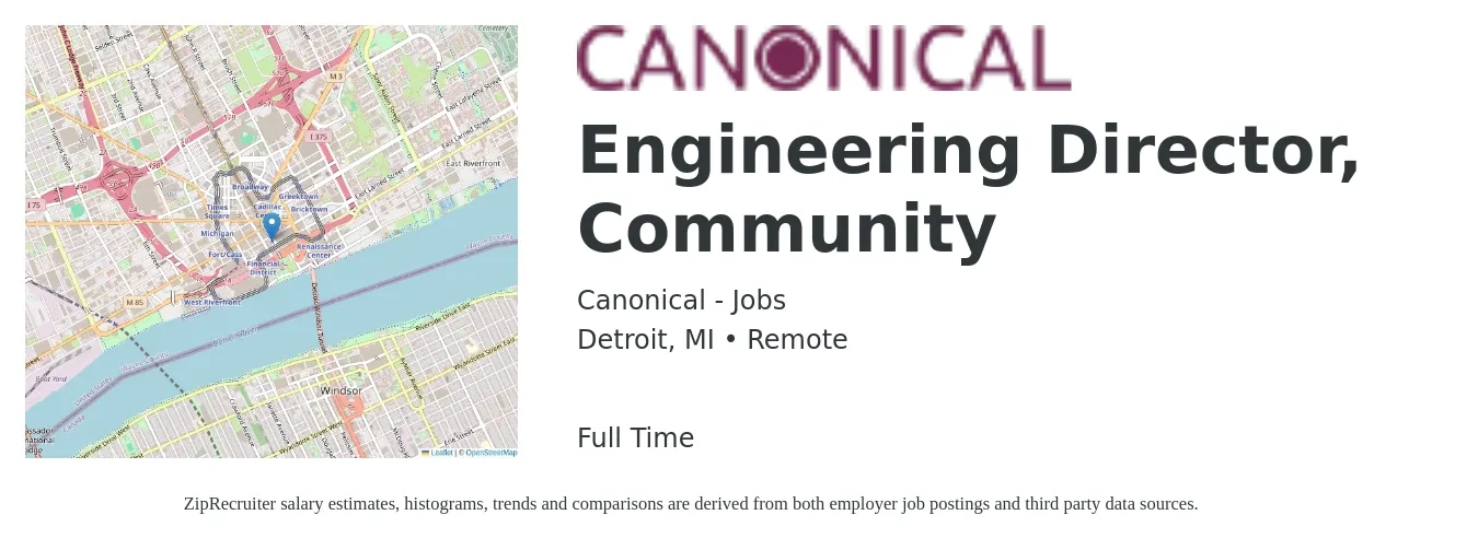 Canonical - Jobs job posting for a Engineering Director, Community in Detroit, MI with a salary of $140,100 to $250,500 Yearly with a map of Detroit location.