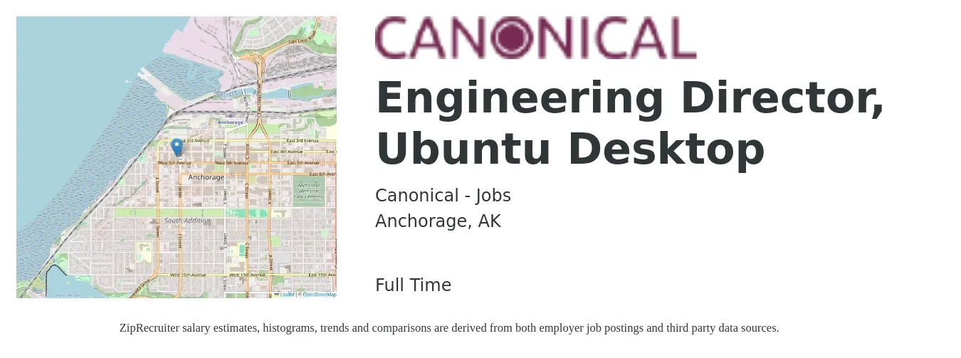 Canonical - Jobs job posting for a Engineering Director, Ubuntu Desktop in Anchorage, AK with a salary of $144,600 to $258,600 Yearly with a map of Anchorage location.