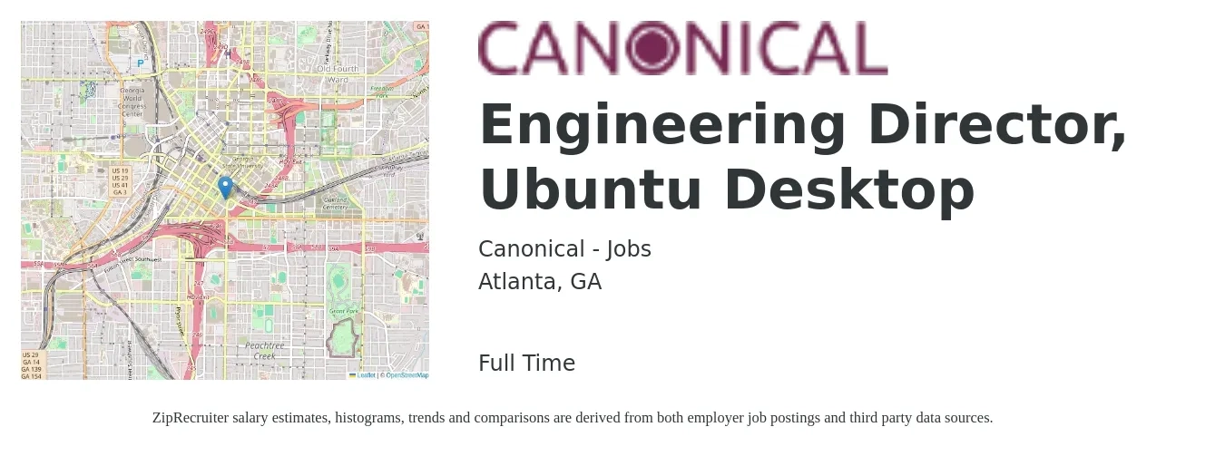 Canonical - Jobs job posting for a Engineering Director, Ubuntu Desktop in Atlanta, GA with a salary of $136,100 to $243,300 Yearly with a map of Atlanta location.