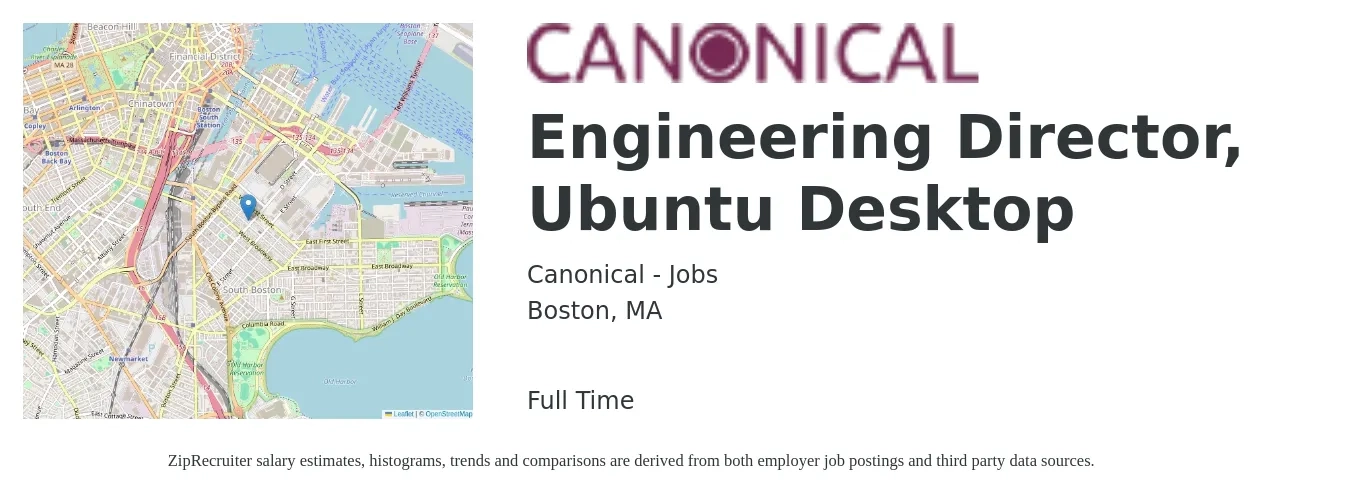 Canonical - Jobs job posting for a Engineering Director, Ubuntu Desktop in Boston, MA with a salary of $153,700 to $274,900 Yearly with a map of Boston location.