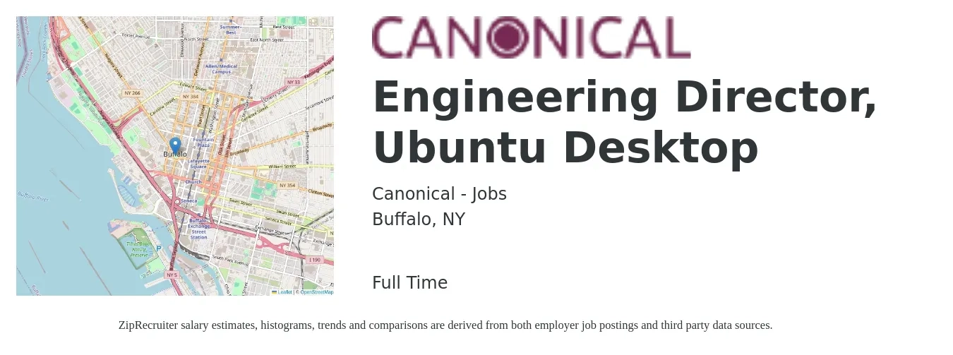 Canonical - Jobs job posting for a Engineering Director, Ubuntu Desktop in Buffalo, NY with a salary of $137,100 to $245,100 Yearly with a map of Buffalo location.