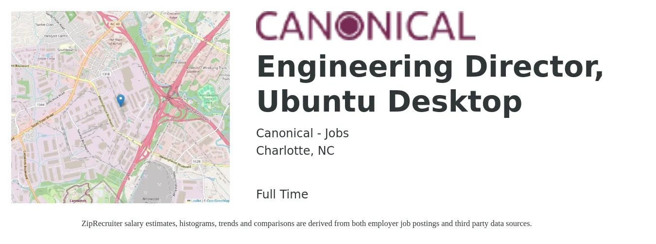 Canonical - Jobs job posting for a Engineering Director, Ubuntu Desktop in Charlotte, NC with a salary of $138,200 to $247,100 Yearly with a map of Charlotte location.