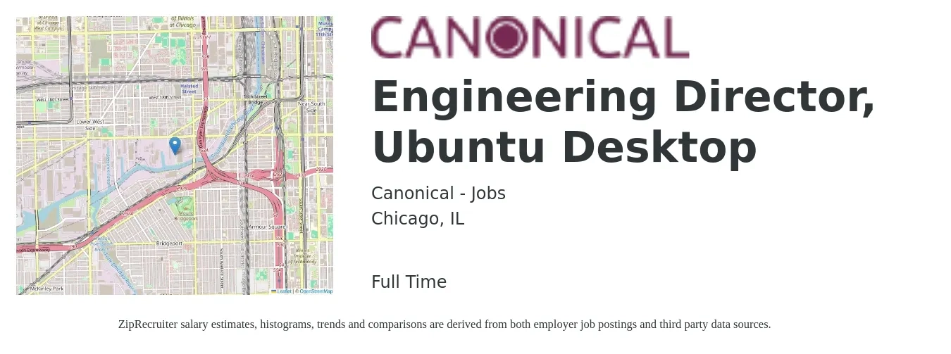 Canonical - Jobs job posting for a Engineering Director, Ubuntu Desktop in Chicago, IL with a salary of $145,800 to $260,600 Yearly with a map of Chicago location.