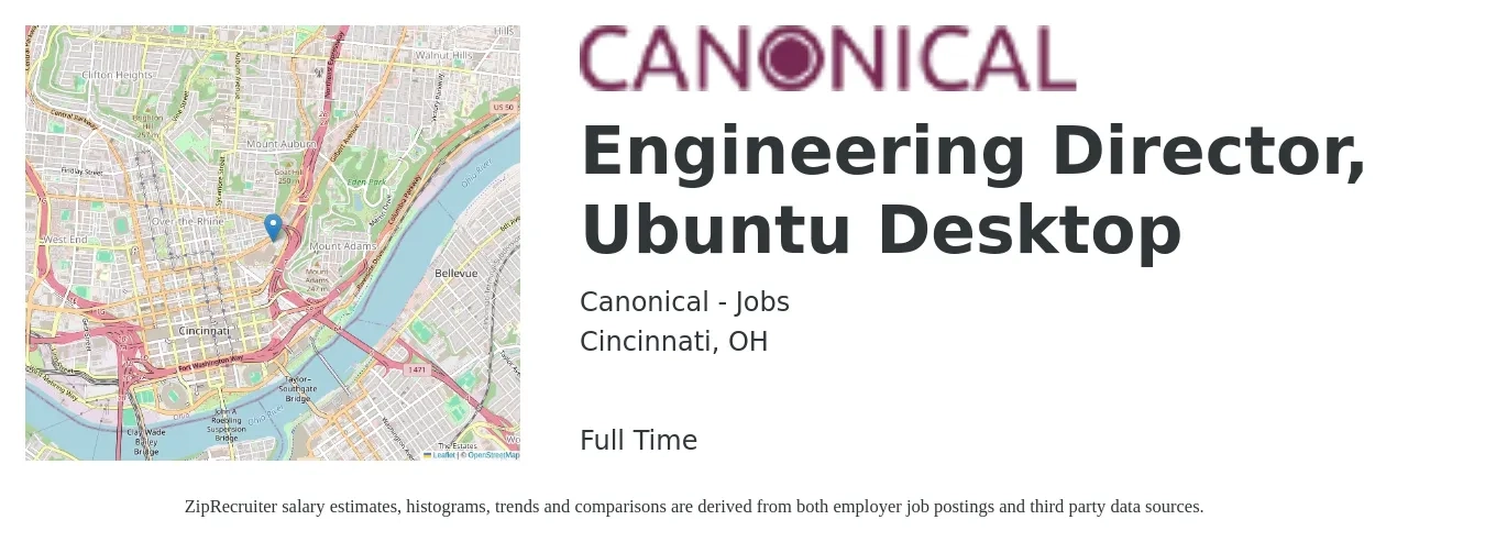 Canonical - Jobs job posting for a Engineering Director, Ubuntu Desktop in Cincinnati, OH with a salary of $135,800 to $242,700 Yearly with a map of Cincinnati location.