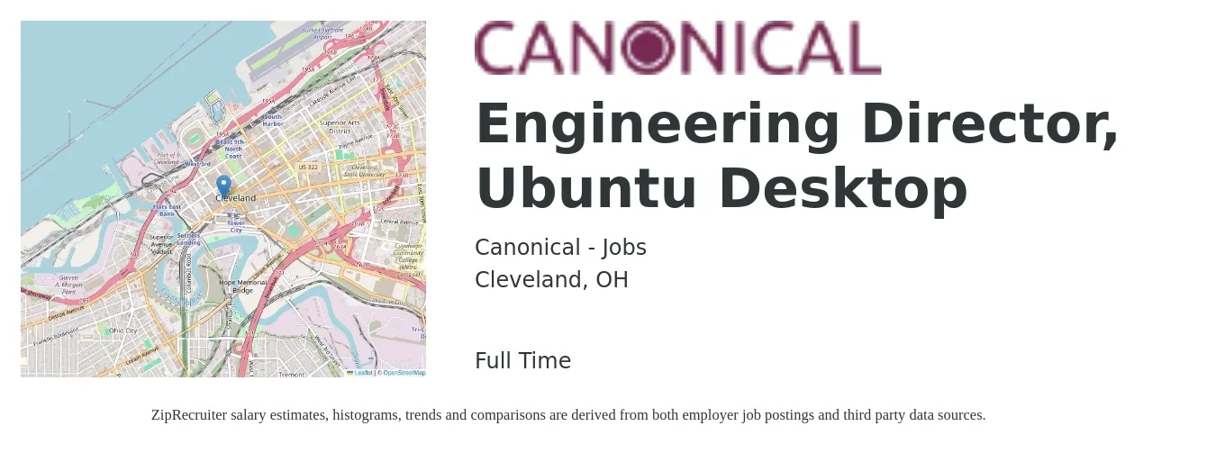 Canonical - Jobs job posting for a Engineering Director, Ubuntu Desktop in Cleveland, OH with a salary of $137,200 to $245,400 Yearly with a map of Cleveland location.