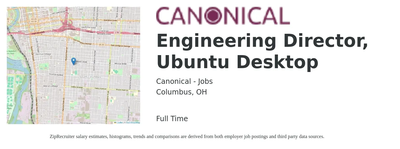 Canonical - Jobs job posting for a Engineering Director, Ubuntu Desktop in Columbus, OH with a salary of $136,700 to $244,400 Yearly with a map of Columbus location.