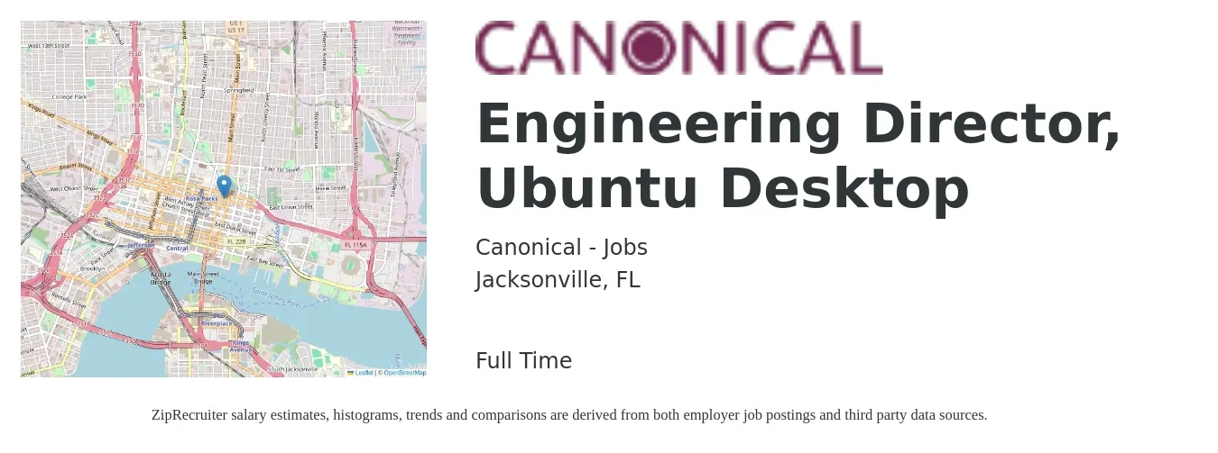 Canonical - Jobs job posting for a Engineering Director, Ubuntu Desktop in Jacksonville, FL with a salary of $131,100 to $234,400 Yearly with a map of Jacksonville location.